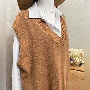 Preppy Fall Camel Sleeveless Sweater Vest Tunic